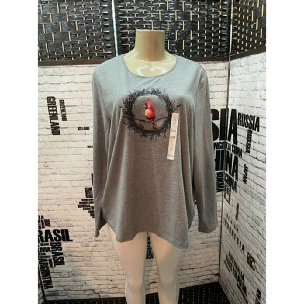 Croft & Barrow XXL Gray Wreath & Red Cardinal Bird Graphic Long Sleeve Tee